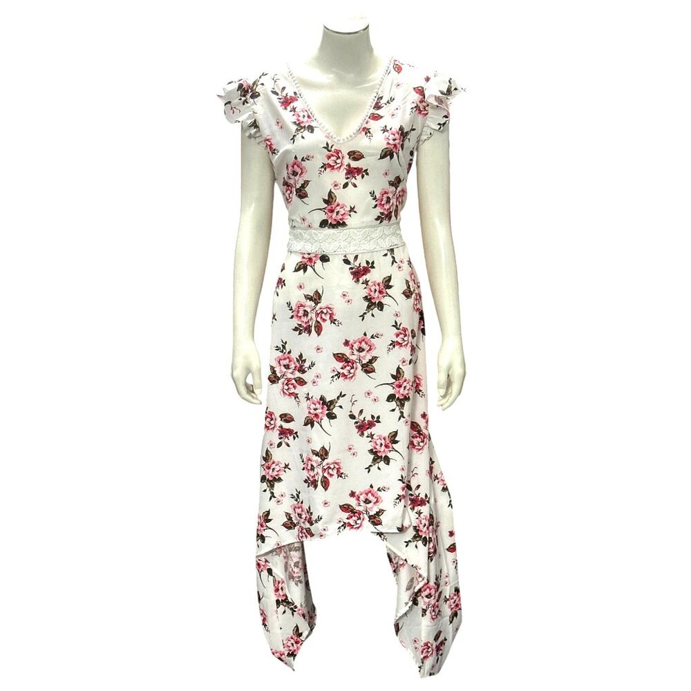 Cupshe Size L Ivory Pink Floral Lace Waist High Low Handkerchief Midi Dress Boho - Picture 2 of 11